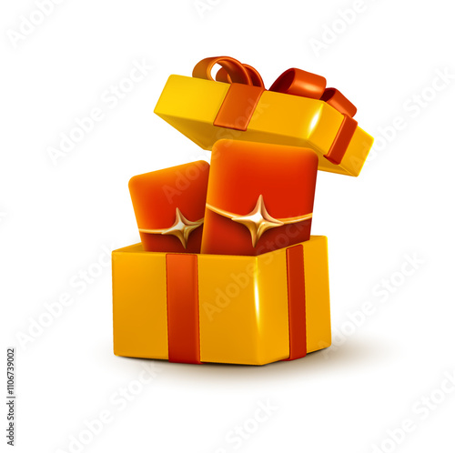 3d red lucky money envelopes inside a opened gift box with ribbons, isolated on white background. Gift money, voucher cashback icon in 3d vector. Vector illustration