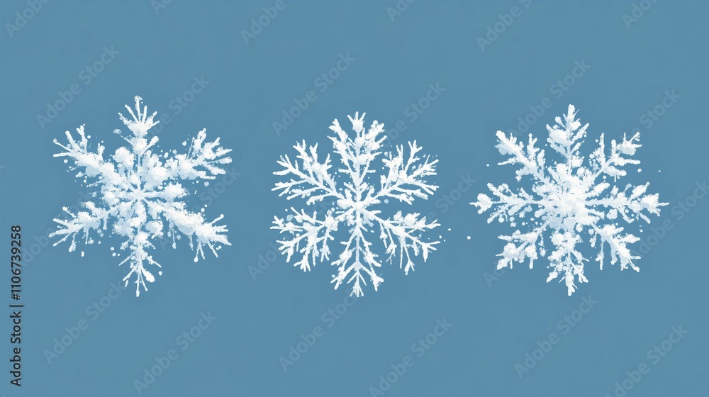 Three Intricate Snowflakes on a Serene Blue Background Three Intricate Snowflakes on a Serene Blue Background