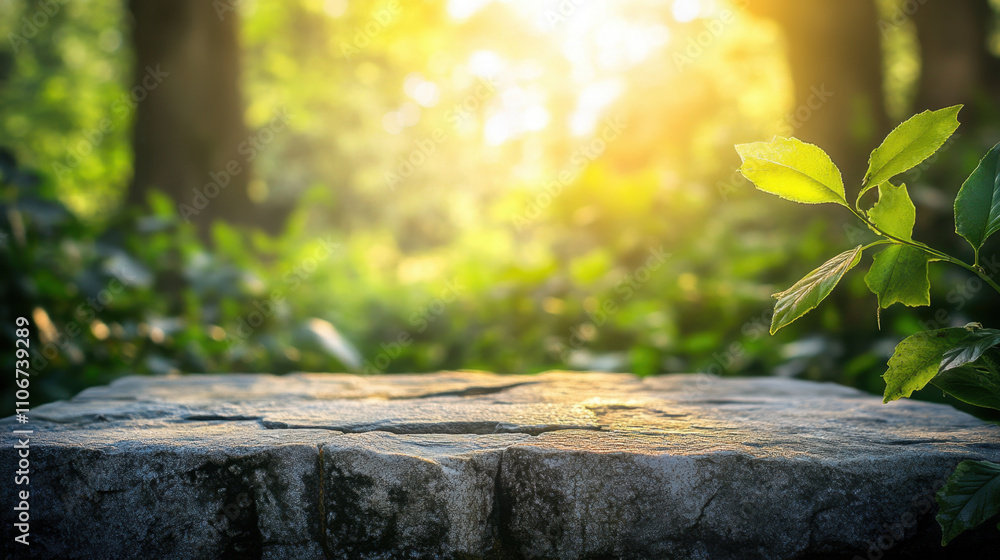 Fototapeta premium natural stone in serene forest setting, surrounded by lush greenery and soft sunlight filtering through trees, creating peaceful atmosphere