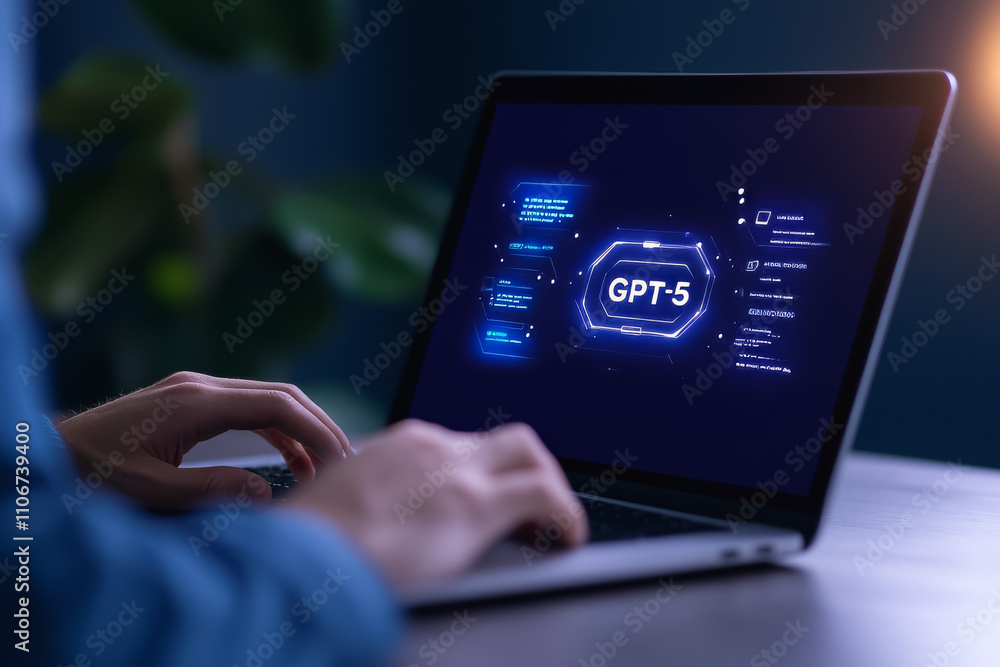 Hands typing on laptop with gpt-5 displayed on screen in dark room Hands typing on laptop with gpt-5 displayed on screen in dark room