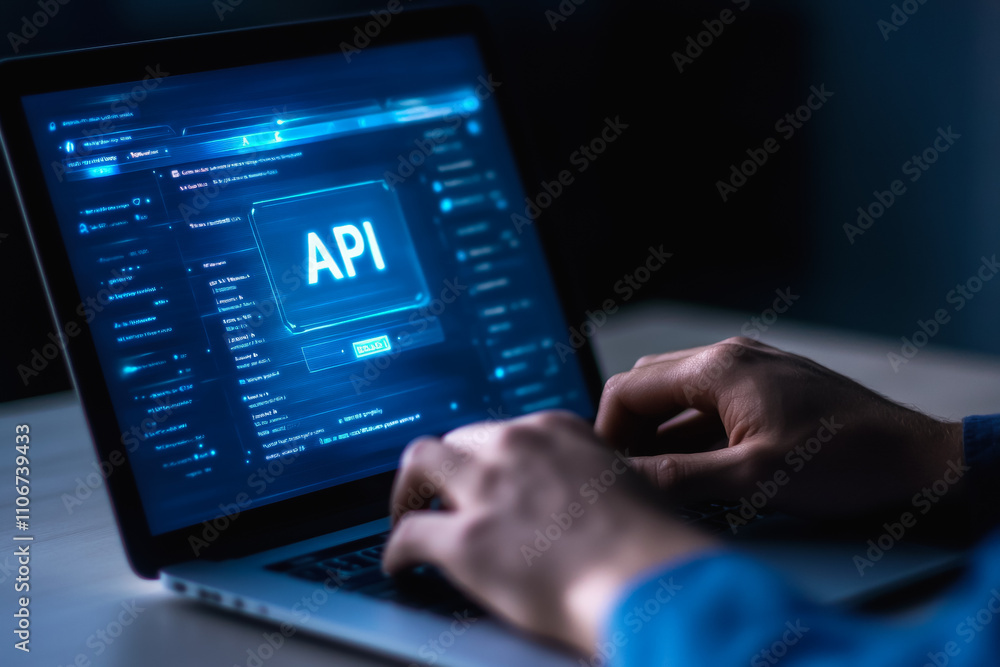 Api development on laptop with programmer's hands typing on keyboard Api development on laptop with programmer's hands typing on keyboard