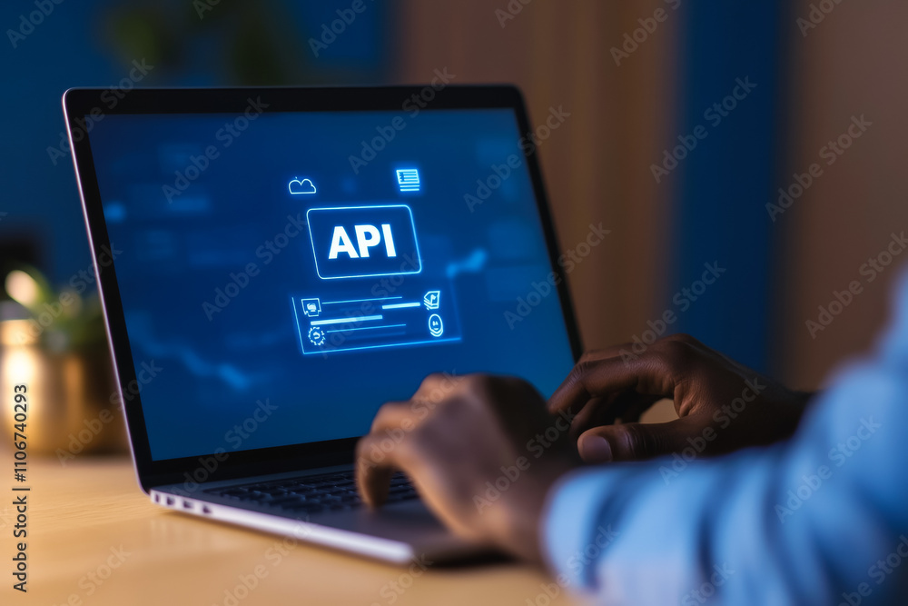 African male using laptop for api development in modern workspace African male using laptop for api development in modern workspace