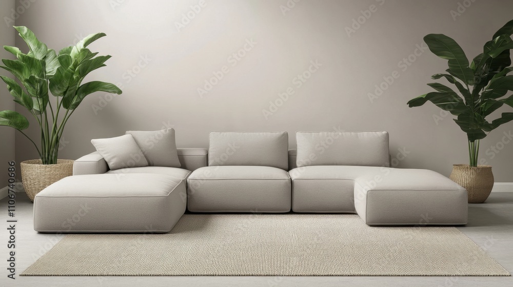 Spacious Living Room with Grey Sofa and Plants Spacious Living Room with Grey Sofa and Plants