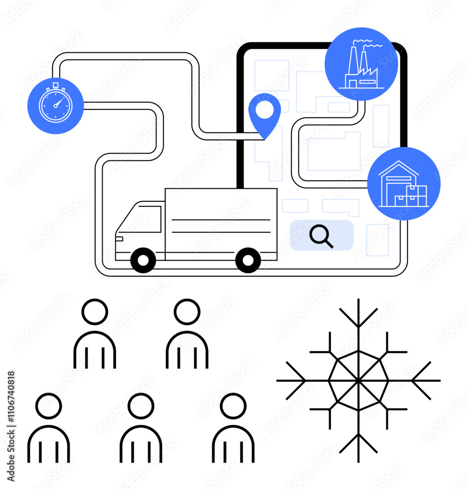 Truck on delivery route mapped with GPS marker stopwatch factory, warehouse icons. Ideal for logistics, distribution, delivery, shipping, supply chain, transportation, and time management. Line Truck on delivery route mapped with GPS marker stopwatch factory, warehouse icons. Ideal for logistics, distribution, delivery, shipping, supply chain, transportation, and time management. Line
