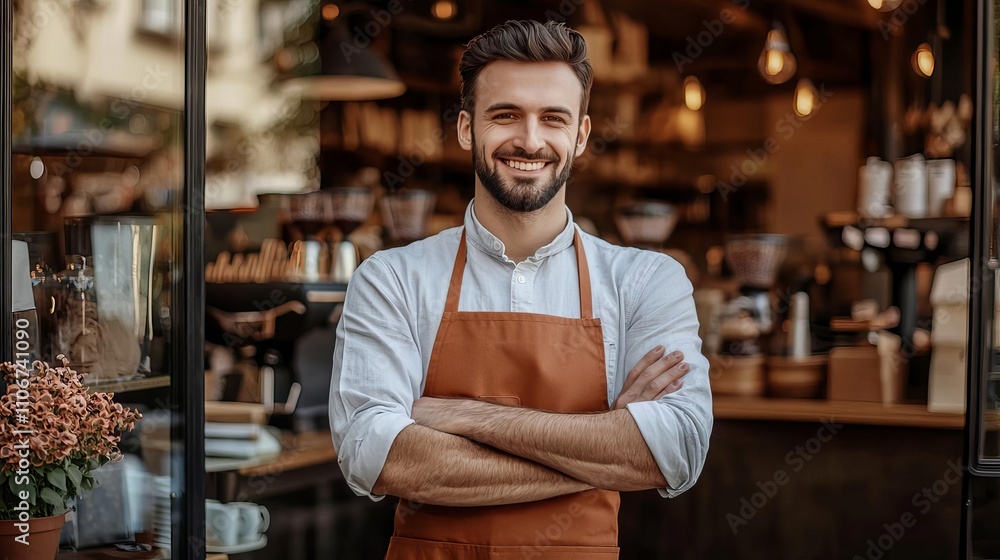 A confident barista stands in front of a cozy coffee shop, showcasing excellent customer service and a warm atmosphere. Perfect for business concepts. A confident barista stands in front of a cozy coffee shop, showcasing excellent customer service and a warm atmosphere. Perfect for business concepts.