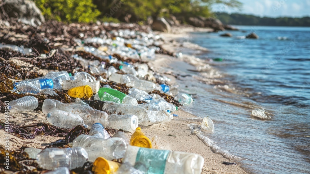 Plastic bottles litter a sandy beach. Illustrates ocean pollution and environmental damage. Plastic bottles litter a sandy beach. Illustrates ocean pollution and environmental damage.