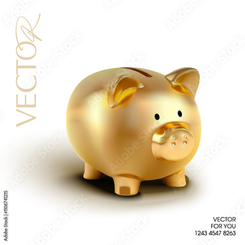 3d golden piggy bank in minimal style with shining effect, isolated on background. Saving piggy bank icon in 3d vector. Vector illustration