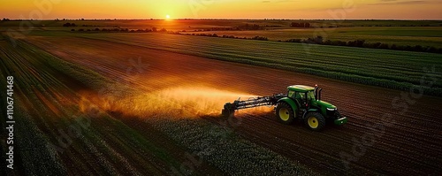 Aerial view of a green tractor plowing a field during sunset, showcasing agricultural practices and the beauty of rural landscapes.