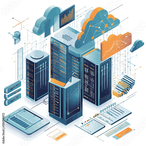 Data center isometric composition with server room and cloud computing icons vector illustration.eps