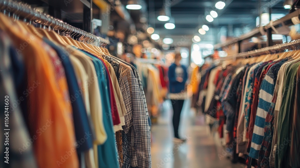 A retail shopper browsing through clothing racks in a brightly lit fashion store. A retail shopper browsing through clothing racks in a brightly lit fashion store.