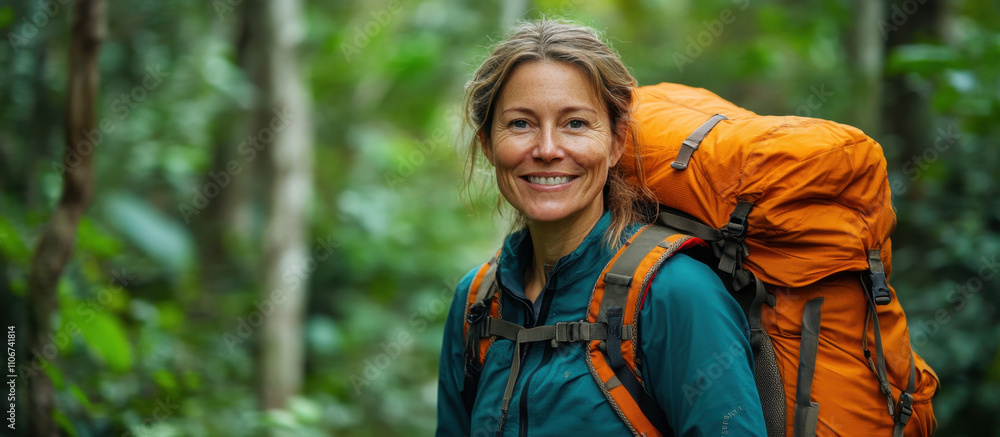 woman in her forties smiles while hiking in lush green forest, wearing blue jacket and carrying orange backpack. Her expression reflects joy and adventure woman in her forties smiles while hiking in lush green forest, wearing blue jacket and carrying orange backpack. Her expression reflects joy and adventure