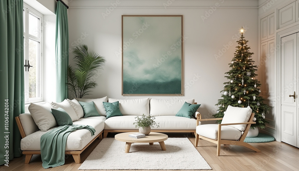 Modern living room with elegant Christmas decor, white sofa, green accents, minimalist tree, festive ornaments, and cozy natural light atmosphere. Modern living room with elegant Christmas decor, white sofa, green accents, minimalist tree, festive ornaments, and cozy natural light atmosphere.