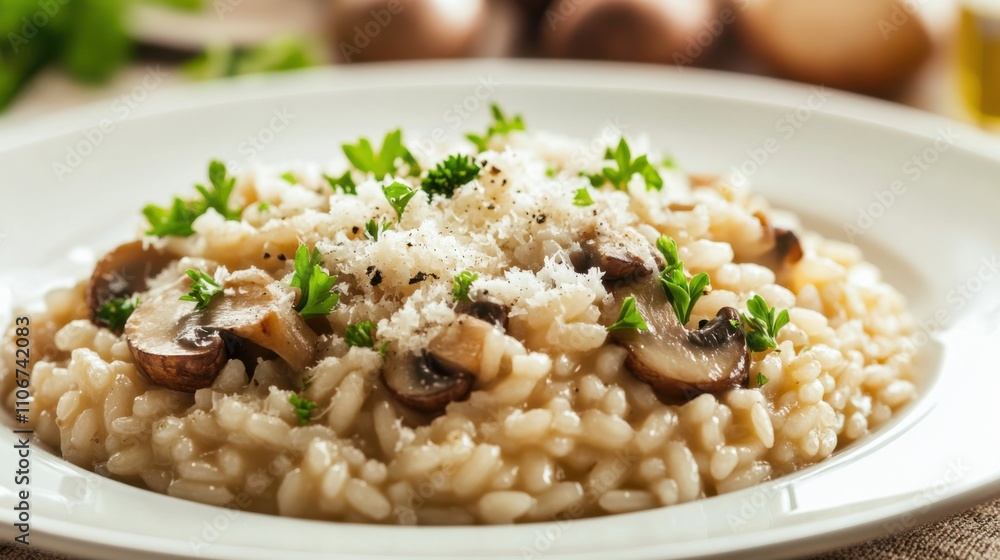 A tempting plate of mushroom risotto garnished with freshly grated Parmesan cheese and chopped parsley, Risotto plate centered, Soft ambient lighting accentuating the creamy texture A tempting plate of mushroom risotto garnished with freshly grated Parmesan cheese and chopped parsley, Risotto plate centered, Soft ambient lighting accentuating the creamy texture