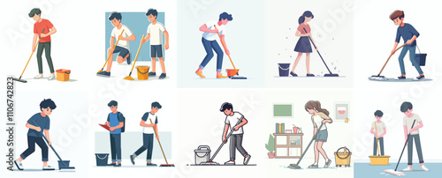 Vector set of a teenager mopping the floor with a simple flat design style