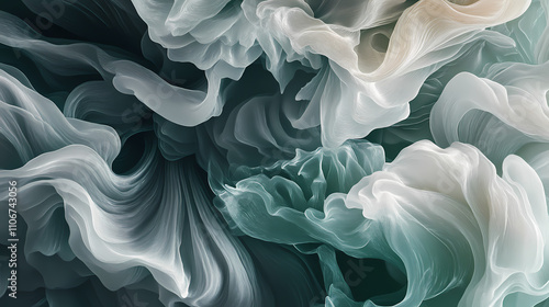 A dynamic abstract image featuring swirling green and white smoke-like formations, creating a sense of movement and ethereality against a dark background. Ethereality. Illustration photo