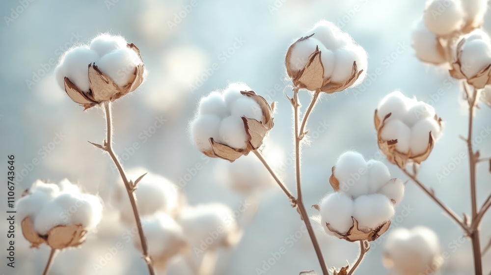 Soft and Fluffy Cotton Blooms on Gentle Stems Captured in Natural Light During an Early Morning, Showcasing the Beauty of Nature's Textiles Soft and Fluffy Cotton Blooms on Gentle Stems Captured in Natural Light During an Early Morning, Showcasing the Beauty of Nature's Textiles