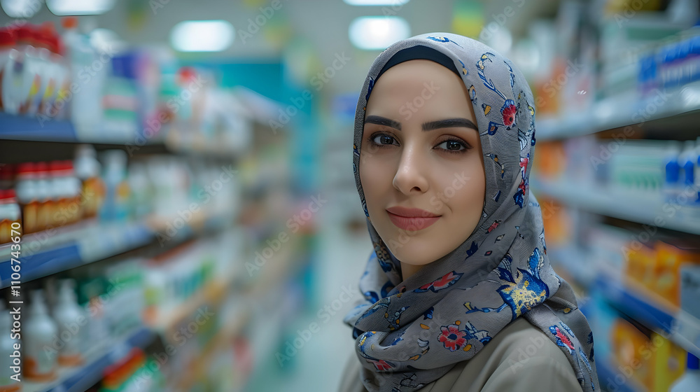 Woman in Floral Hijab Smiles in Supermarket Aisle Woman in Floral Hijab Smiles in Supermarket Aisle