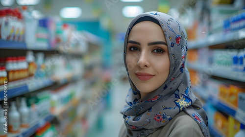 Woman in Floral Hijab Smiles in Supermarket Aisle