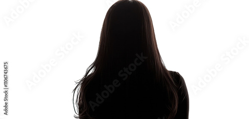 Woman's back perspective isolated, showcasing an elegant silhouette with shiny long locks.