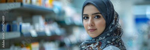 Woman in patterned hijab smiles softly in a pharmacy, showcasing calm confidence and modern style.
