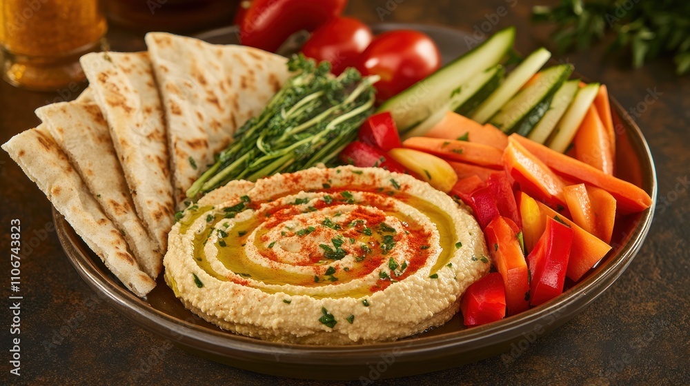 A vibrant platter featuring hummus, pita bread, and fresh vegetables for a healthy snack. A vibrant platter featuring hummus, pita bread, and fresh vegetables for a healthy snack.