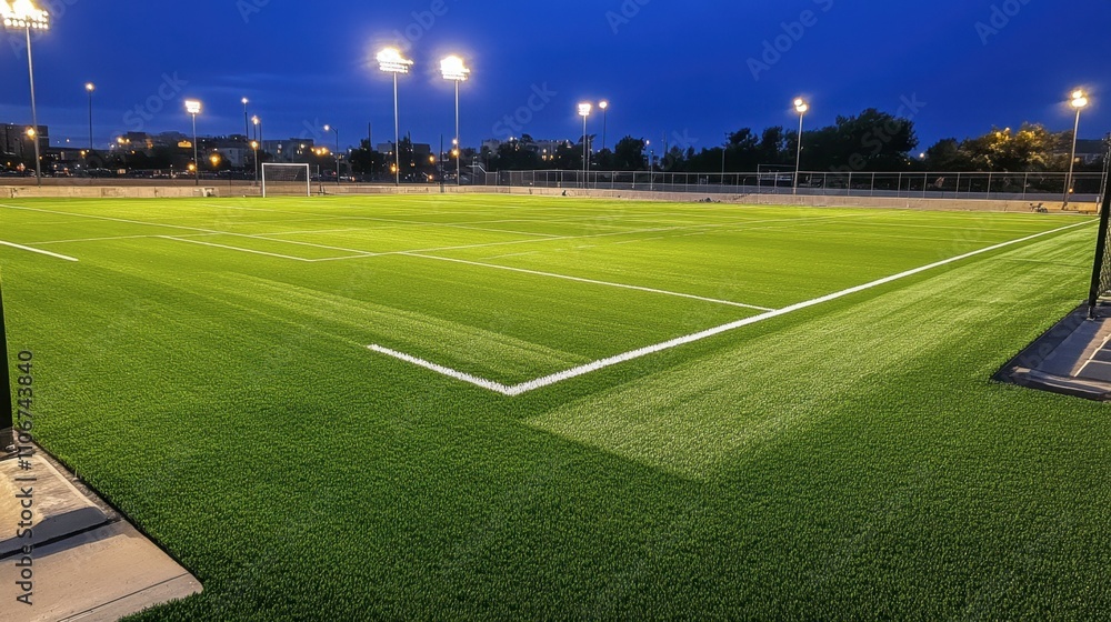 Fototapeta premium Vibrant Green Football Field Under Bright Lights