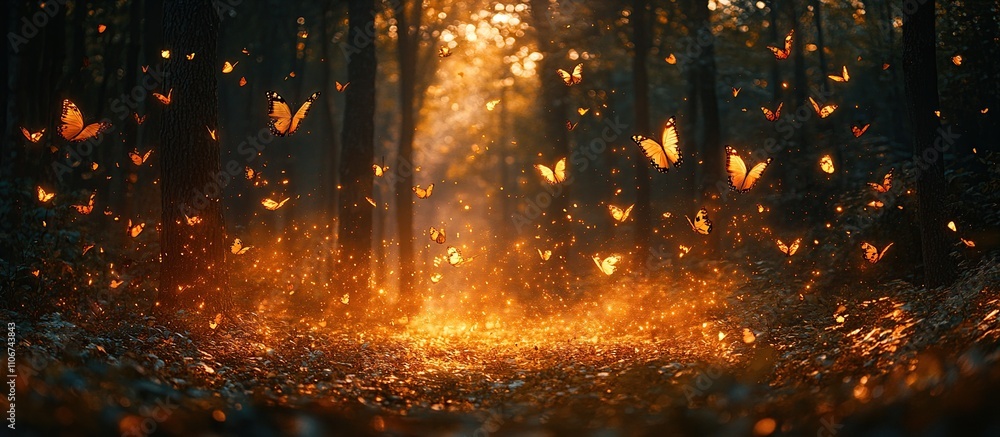 A serene forest scene illuminated by glowing butterflies and soft sunlight. A serene forest scene illuminated by glowing butterflies and soft sunlight.