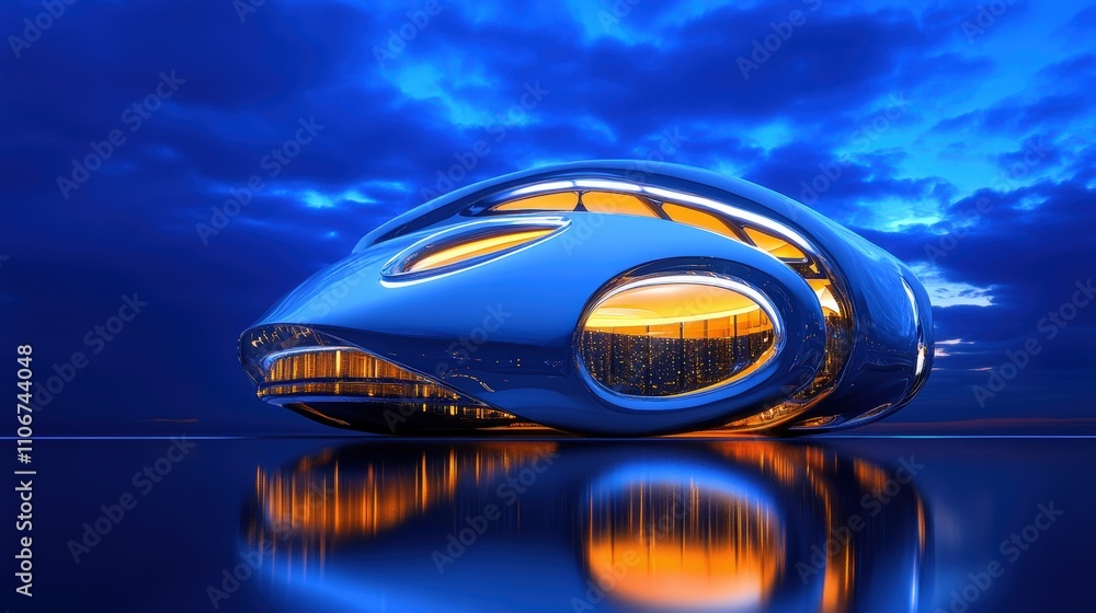 Obraz premium Futuristic Architectural Design with Reflective Surfaces at Dusk