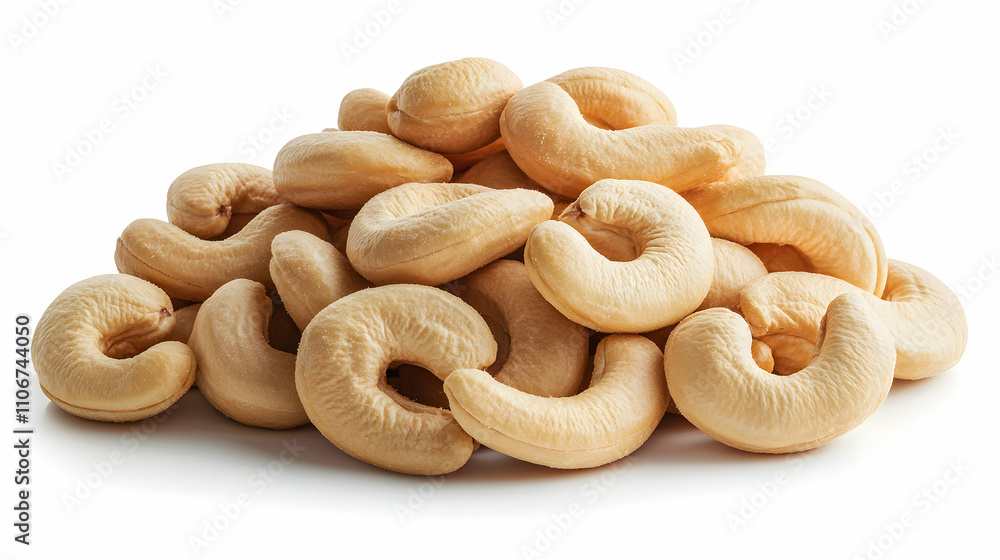 A Pile of Roasted Cashew Nuts Arranged in a Heap on a White Background, Showing Their Natural Creamy Color and Slightly Curved Shape, Representing a Healthy and Delicious Snack Option. A Pile of Roasted Cashew Nuts Arranged in a Heap on a White Background, Showing Their Natural Creamy Color and Slightly Curved Shape, Representing a Healthy and Delicious Snack Option.