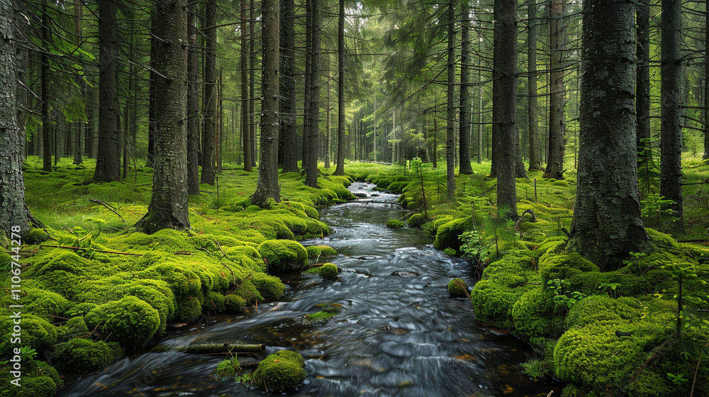 Obraz premium A tranquil Scandinavian woodland with densely packed fir trees, their trunks covered in vibrant green moss, and a gentle stream meandering through.