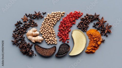 Spices like cloves and ginger powder arranged in a spiral pattern on a plain gray background, illuminated by balanced, neutral-toned studio lights. photo