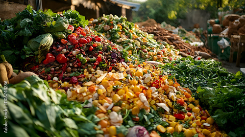 A Heap of Food Waste Comprised of Vegetables, Fruits, and Other Organic Matter, with a Blurred Background of a Yard, Creating a Vivid Visual Representation of Waste and Sustainability photo