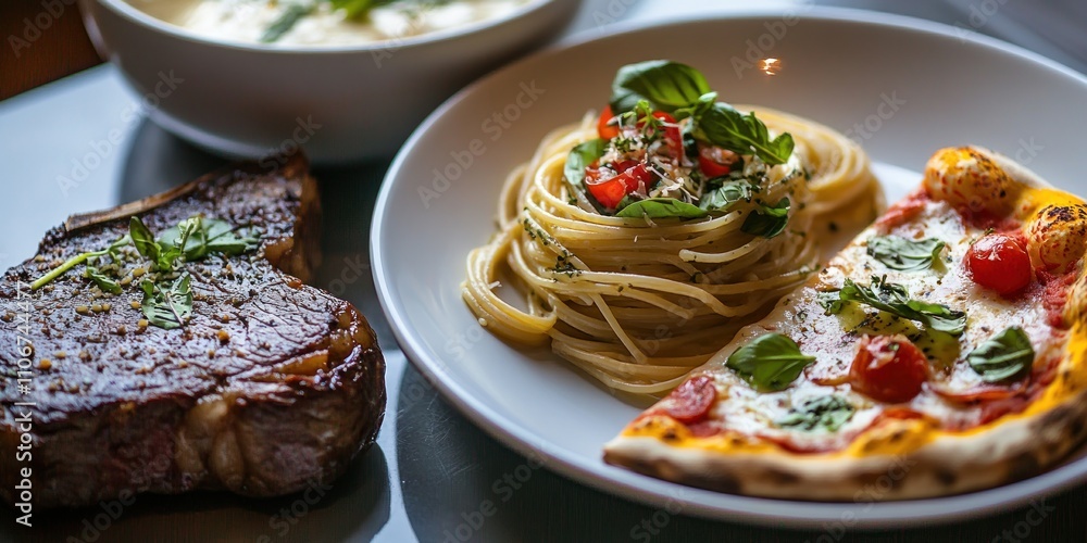 A delicious meal featuring steak, pasta, and pizza, served in an inviting setting. A delicious meal featuring steak, pasta, and pizza, served in an inviting setting.