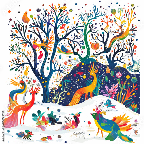 Hand drawn vector illustration of a fantastic forest with birds and animals.