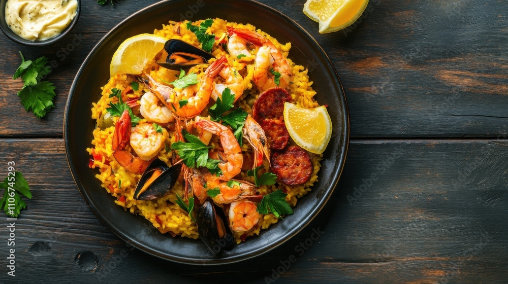 A tempting plate of Spanish paella with saffron-infused rice, chorizo, shrimp A tempting plate of Spanish paella with saffron-infused rice, chorizo, shrimp