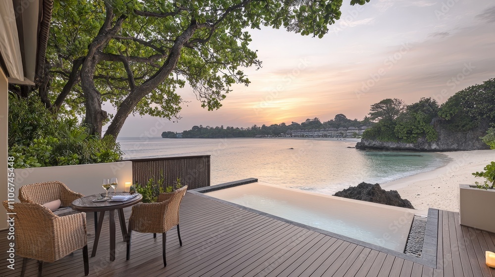 Fototapeta premium Luxury Beachfront Villa Sunset Ocean View Infinity Pool Deck Wicker Furniture