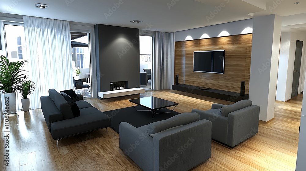 A modern living room featuring sleek furniture, a wooden accent wall, a television, and large windows that allow natural light to illuminate the space. A modern living room featuring sleek furniture, a wooden accent wall, a television, and large windows that allow natural light to illuminate the space.