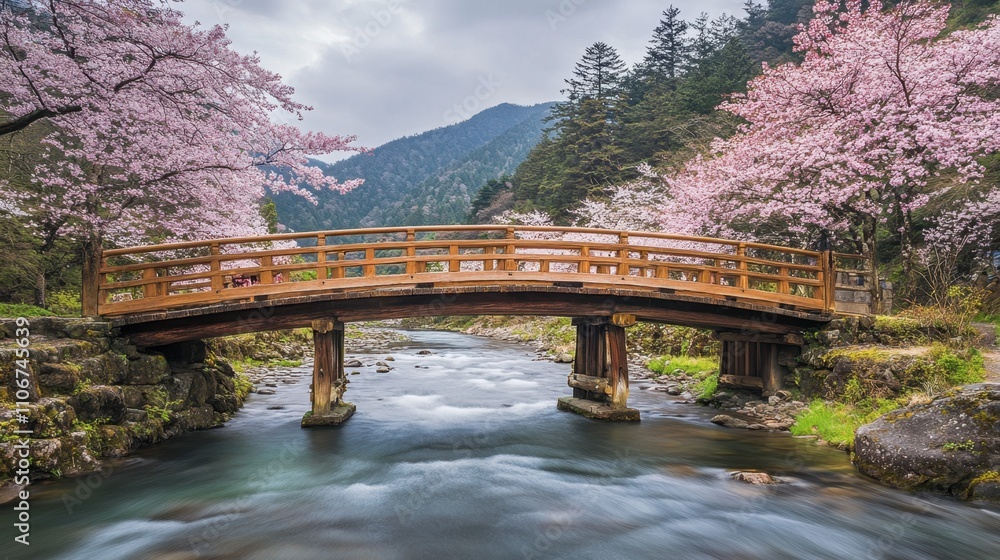 Old Wooden Bridge Over Gentle Stream in Spring Old Wooden Bridge Over Gentle Stream in Spring