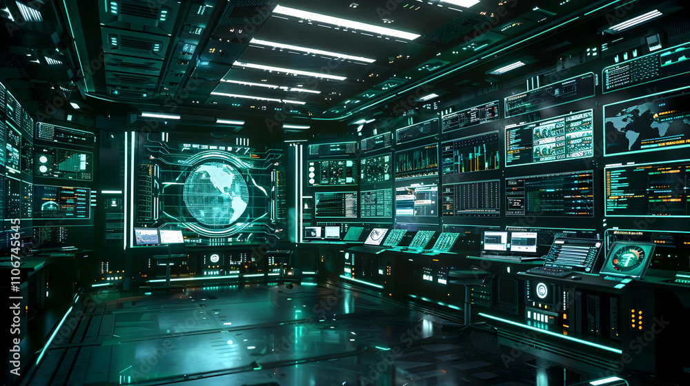 Futuristic 3D Render of a Global Surveillance Control Room with Numerous Screens Displaying Data and a World Map Hologram Futuristic 3D Render of a Global Surveillance Control Room with Numerous Screens Displaying Data and a World Map Hologram