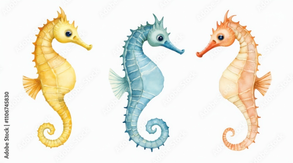 Fototapeta premium Artistic Watercolor Illustration Featuring Colorful Seahorses in Marine Environment. Generative AI
