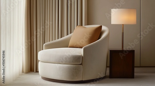 A cozy armchair with a soft cushion beside a stylish lamp, set against elegant curtains, creating a warm and inviting atmosphere.