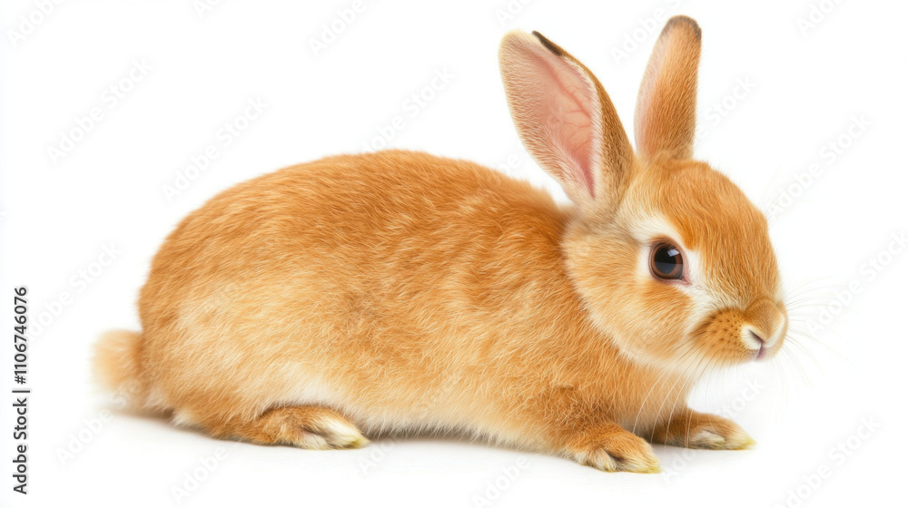 Obraz premium Fluffy domestic rabbit with soft orange fur, sitting gracefully on white background. This adorable creature exudes charm and warmth, perfect for any pet lover