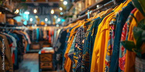 Vibrant Clothing Items Hanging on Racks in a Boutique, Displaying Diverse Patterns and Colors