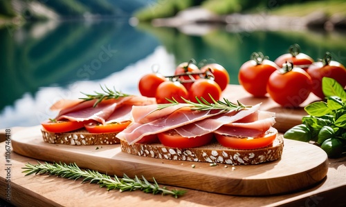 Burebrot features a delicious open-faced sandwich topped with fresh tomatoes and savory ham, beautifully presented against a serene lakeside backdrop. photo