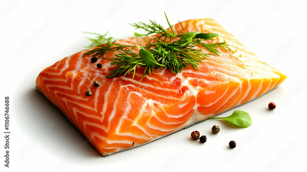 Close-up of a Raw Salmon Fillet Garnished with Fresh Dill and Black Peppercorns, Isolated on a White Background Close-up of a Raw Salmon Fillet Garnished with Fresh Dill and Black Peppercorns, Isolated on a White Background