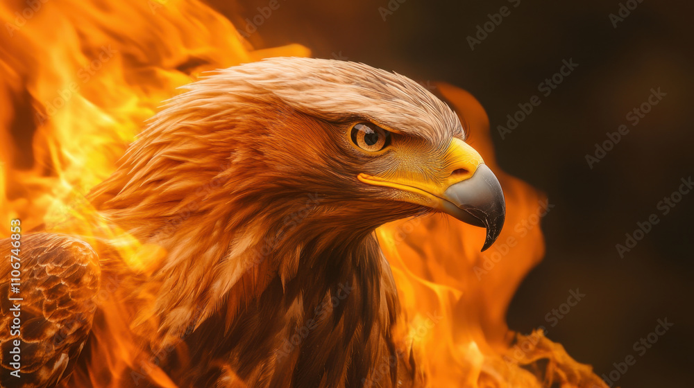 Fototapeta premium Fiery eagle with intense gaze amidst flames, symbolizing power and strength. This majestic bird captures essence of fierce determination and resilience