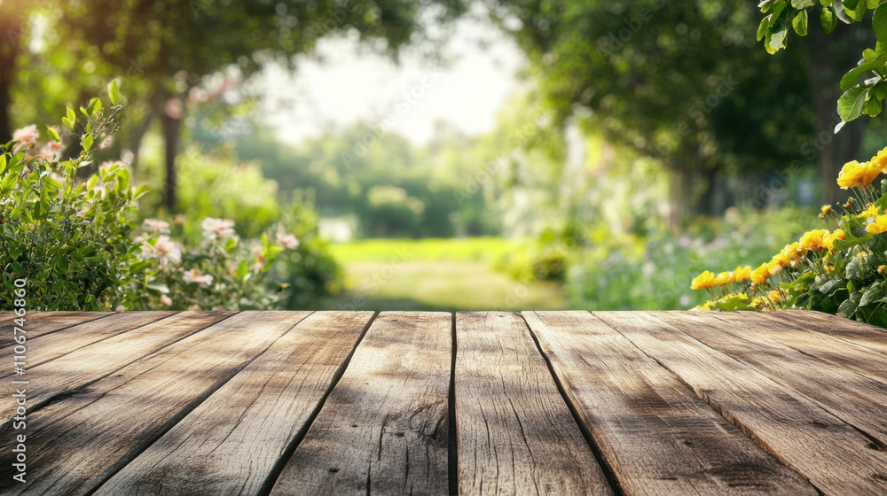 serene wooden table in lush garden setting, surrounded by vibrant flowers and greenery, perfect for outdoor gatherings serene wooden table in lush garden setting, surrounded by vibrant flowers and greenery, perfect for outdoor gatherings