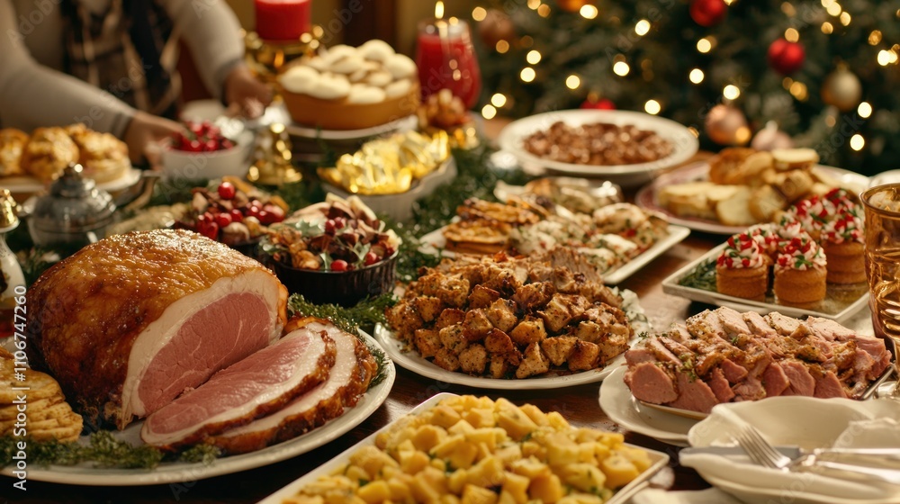 A table filled with various holiday foods like roasted meats, side dishes, and festive desserts, with people gathered around enjoying the meal A table filled with various holiday foods like roasted meats, side dishes, and festive desserts, with people gathered around enjoying the meal