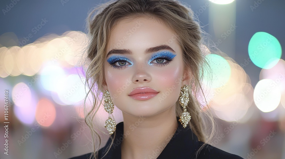 Stunning Woman Blue Glitter Makeup Night Lights Bokeh Stunning Woman Blue Glitter Makeup Night Lights Bokeh