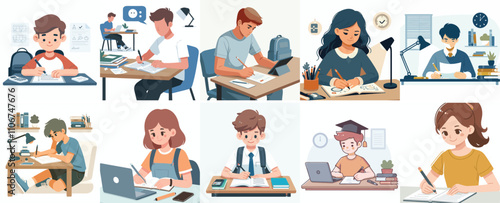 Vector set of a teenager completing school assignments in a simple flat design style